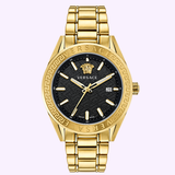 The Versace VE6A00623 V-Code Watch by Versace Watches is a Swiss-made men’s timepiece featuring a gold-tone case and bracelet, a black patterned dial with gold hour markers, date display, and the iconic Medusa logo. Distinctive Versace branding on the bezel and bracelet adds to its sophisticated style and luxurious appeal.