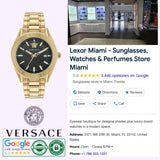 On the left is a gold Versace VE6A00623 V-Code Watch from Versace Watches; on the right, a Google listing for Lexor Miami, a retailer offering Versace sunglasses, watches—including the Swiss luxury Versace VE6A00623 V-Code Watch—and perfumes. The listing features a store photo, address, reviews, hours, phone number, and the Versace logo.