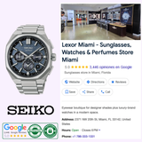A Seiko Luxe Watches King Astron HAB001, featuring a sleek titanium case, is displayed on the left with the SEIKO logo beneath it, while on the right appears a Google listing for Lexor Miami—a store offering sunglasses, watches, and perfumes—complete with photos, rating, contact information, and Google review icons.
