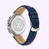 A close-up of the Versace Watches VEVCA0124 V-Chrono Square Leather Watch showcases a luxury men’s timepiece with a blue leather strap and a stainless steel case back adorned with an eye-catching Medusa head engraving. This Swiss quartz chronograph (UPC 198218260801) exemplifies bold style and precision craftsmanship.