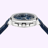 Side view of the Versace Watches VEVCA0124 V-Chrono Square Leather Watch (UPC 198218260801) for men, showcasing a silver case with an engraved bezel, blue dial, and blue leather strap, set against a light purple background. Powered by precise Swiss quartz chronograph movement.