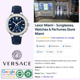 A Versace Watches VEVCA0124 V-Chrono Square Leather Watch (UPC: 198218260801) is displayed next to a Google business listing for Lexor Miami—a luxury boutique offering sunglasses, watches, and perfumes—featuring store images, customer reviews, contact details, and the Versace logo.