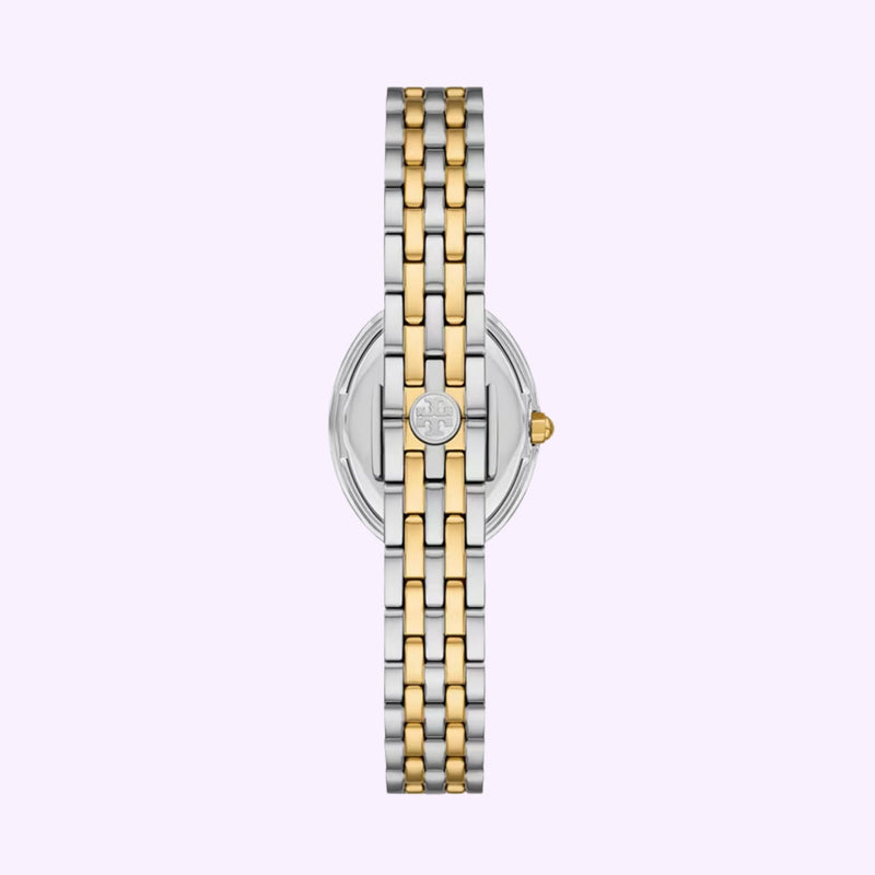 Back view of the Tory Burch THE OVAL TBW6033 watch showing the case, crown, and two-tone bracelet