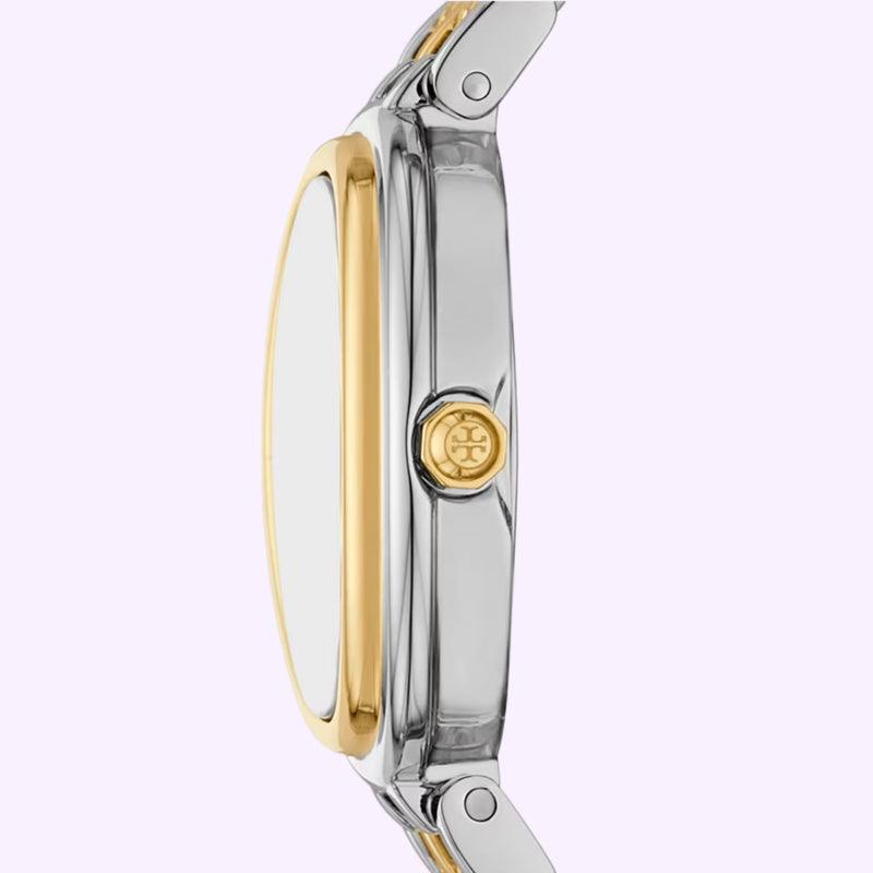 Side view of the Tory Burch THE OVAL TBW6033 watch showing the case thickness, crown, and bracelet detail