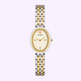 A Tory Burch Watches THE OVAL TBW6033 women’s watch, featuring a gold and silver two-tone link bracelet, an oval face with a minimal design and gold hour markers, is displayed against a light lavender background.
