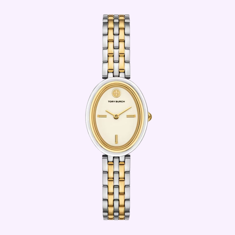 Tory Burch THE OVAL TBW6033 women's watch with two-tone gold and silver stainless steel bracelet and ivory dial