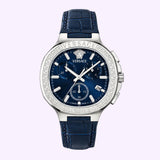 The Versace Watches VEVCA0124 V-Chrono Square Leather Watch (UPC 198218260801) features a sophisticated silver design with a blue face and blue leather strap. This luxury men’s timepiece showcases precise Swiss quartz chronograph movement, chronograph dials, a date window, and the iconic Versace Medusa logo at the top—perfectly blending timeless appeal with exquisite craftsmanship.