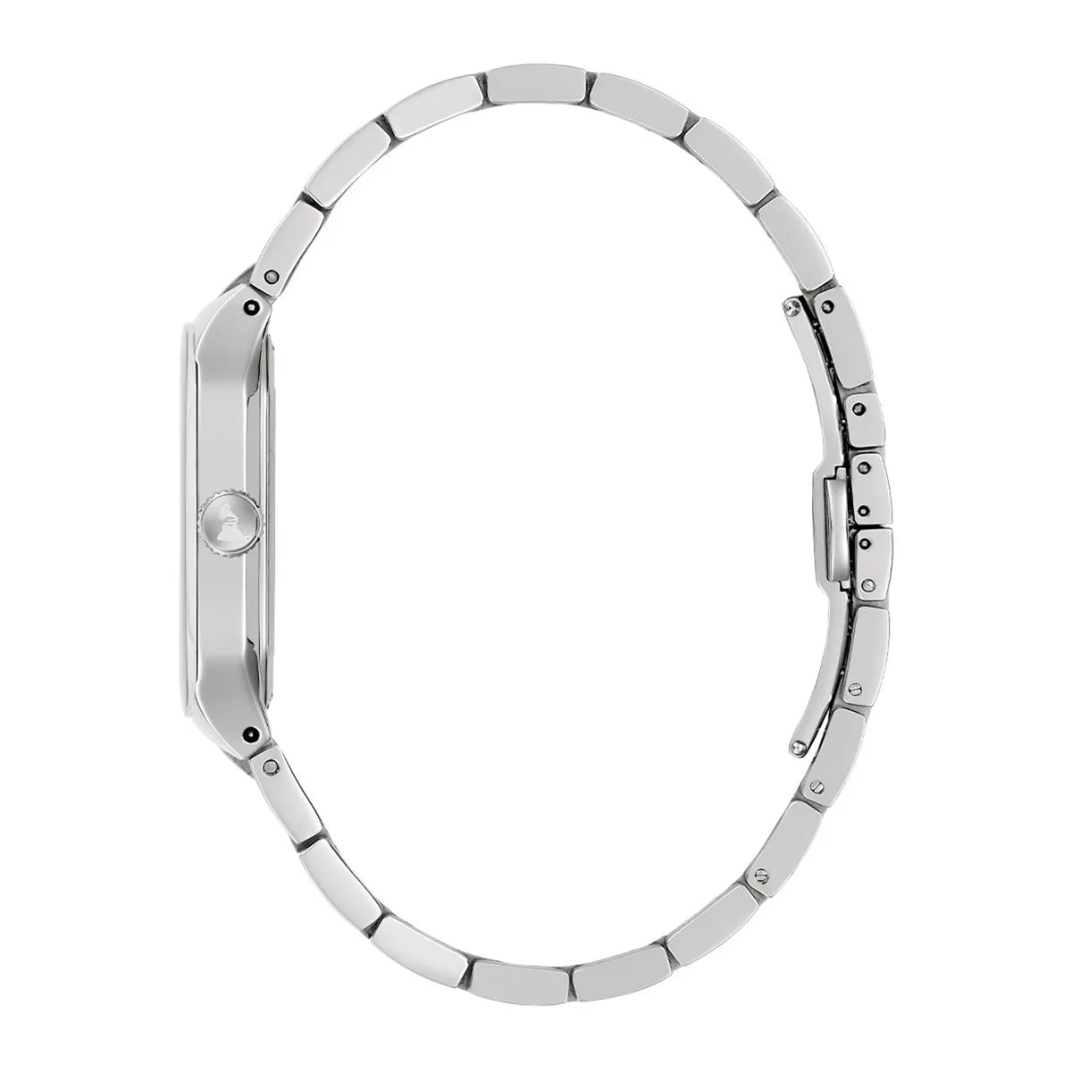 Side view of the Bulova Watches Millennia 96A336 stainless steel analog watch with a metal link band, showcasing its slim profile and closed clasp—a sleek pick for Bulova Watches fans in Miami.
