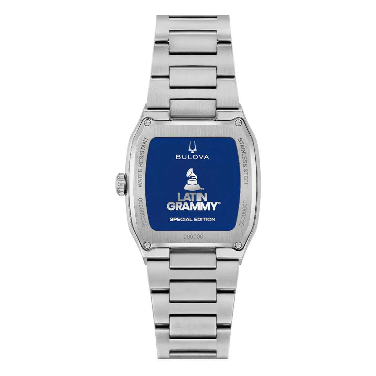 Back view of the Bulova Watches Millennia 96A336, showing its blue case back with “Latin Grammy Special Edition” and white Grammy logo. This polished stainless steel design highlights Bulova Watches’ signature style.