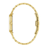 A Bulova Racer Watches We Are All Here 97B236 by Bulova Watches shown in side profile, featuring a slim case and metal link bracelet with clasp. The watch face is hidden. Explore Miami-inspired style from Bulova Watches.