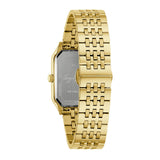 The Bulova Racer Watches We Are All Here 97B236 is a men's gold-tone watch with a metal link bracelet, shown from the back with a rectangular case, silver back plate, engraved details, and signature—showcasing Bulova Watches' Miami-inspired style.