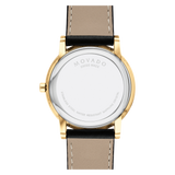 Back view of the Movado 0607271 MUSEUM CLASSIC by Movado Watches, featuring a gold case, black-beige leather strap, and engravings: Swiss Made, Stainless Steel, Water Resistant, Sapphire Crystal—ideal for fans of stylish unisex watches.
