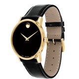 The Movado 0607271 MUSEUM CLASSIC by Movado Watches is a unisex watch featuring a black and gold design with a leather band, perfect for stylish accessory lovers.