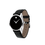 The Movado 0607274 Museum Classic by Movado Watches features a black leather strap, round silver case, and solid black dial with two silver hands and a silver dot at 12 o’clock for timeless minimalism.