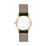 The Movado 0607275 Museum Classic Women's Watch by Movado Watches features a black leather strap, round yellow gold PVD case, Swiss Made engravings on the back, water resistance, and a sapphire crystal.