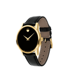 The Movado 0607275 Museum Classic women's watch features a black leather strap and yellow gold PVD accents, inspired by the iconic Movado Museum Classic design.