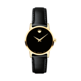The Movado 0607275 Museum Classic by Movado Watches is a women’s black leather strap watch with a yellow gold PVD case, iconic gold dot at 12 o’clock, and elegant gold-toned hands for a timeless minimalist look.