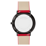 Back view of the Movado Watches 0607429 Modern 47 Red Leather Strap Unisex Watch, with black case, tan and red leather strap, and Swiss Made, Stainless Steel, Water Resistant, and Sapphire Crystal inscriptions.