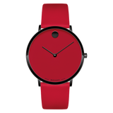 The Movado 0607429 Modern 47 Unisex watch by Movado Watches features a striking red face and red leather strap, a black case, minimalist design with no markers, black hands, and the signature single black dot at 12 o'clock.