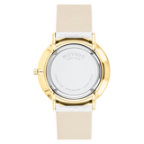 The back view of the Movado 0607508 Modern 47 Unisex Watch by Movado Watches shows a round case, white leather strap, and engravings: Swiss Made, Stainless Steel, Water Resistant, and Sapphire Crystal.