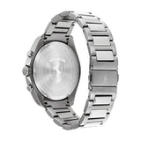 A stainless steel Scuderia Ferrari 0830755 men’s watch seen from the back, featuring a metal link band and engraved case back with the Ferrari logo and water resistance details by Ferrari Watches.