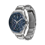 The Scuderia Ferrari 0830755 men's watch by Ferrari Watches features a silver stainless steel case, blue analog dial with multiple subdials, silver hour markers, and the Ferrari logo, shown at a three-quarter angle on a white background.