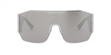The Versace VE2220 10006G 41 Unisex Sunglasses feature a bold, futuristic look with an oversized silver lens, angular edges, and a sleek minimalist design—ideal for anyone seeking standout Versace Sunglasses style.