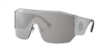 Versace VE2220 10006G 41 Unisex Sunglasses feature a silver-tinted shield lens, straight top bar, and silver frames with the iconic Medusa logo—bold, oversized eyewear for a sleek, futuristic look.