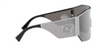 Versace VE2220 10006G 41 Unisex Sunglasses by Versace Sunglasses feature wide gray tinted lenses, oversized geometric design, thick angular arms, and a circular Medusa emblem for a modern unisex look.