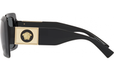 Side view of Versace VE4405 GB1/87 54 Unisex Sunglasses with thick arms and a bold gold plaque featuring a raised Medusa head, showcasing the luxurious style of Versace Sunglasses.