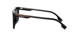 A side view of Burberry BE4318 300187 51 Camron Unisex Sunglasses displays the Burberry logo and a beige, red, and black striped temple design against a white background.