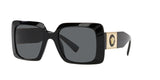 Versace VE4405 GB1/87 54 Unisex Sunglasses feature a bold black rectangular design, thick frames, dark lenses, and gold Medusa head emblems on wide temple arms—perfect for making a stylish statement.