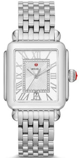 The Michele MWW06T000141 Deco Madison Diamond unisex watch by Michele Watches features a silver rectangular case, stainless steel strap, white dial with Roman numerals, date at 6 o’clock, red crown accent, and logo below 12 o’clock.