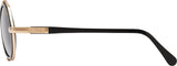 Side view of Cazal Sunglasses 644 C001 53 Unisex features gold metal hinge detailing, black arms, and a signature on the gold section. The round, tinted lenses highlight this classic designer eyewear.