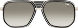 Front view of Cazal 666 C002 Unisex Sunglasses by Cazal Sunglasses, featuring a black and silver aviator frame, grey gradient lenses, double bridge with dotted pattern, signature temple design, and brand logo on the top right lens.