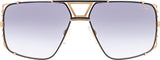 The Cazal 9093 C005 Unisex Sunglasses by Cazal Sunglasses feature large square gold metal frames, purple gradient lenses, and a signature double bridge with a central triangular cutout for a bold, authentic look.