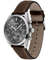 The Hugo Boss Watches 1513815 men’s watch features a black chronograph dial, silver-tone case, three subdials, date window, brown leather strap, and displays both minute and hour markers for precision timekeeping.