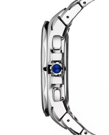 Side view of a Seiko Watches SSG019 Coutura Radio Sync Solar men’s watch by Lexor Miami, featuring a metal link band, polished case, blue cabochon crown, and two pushers on each side.