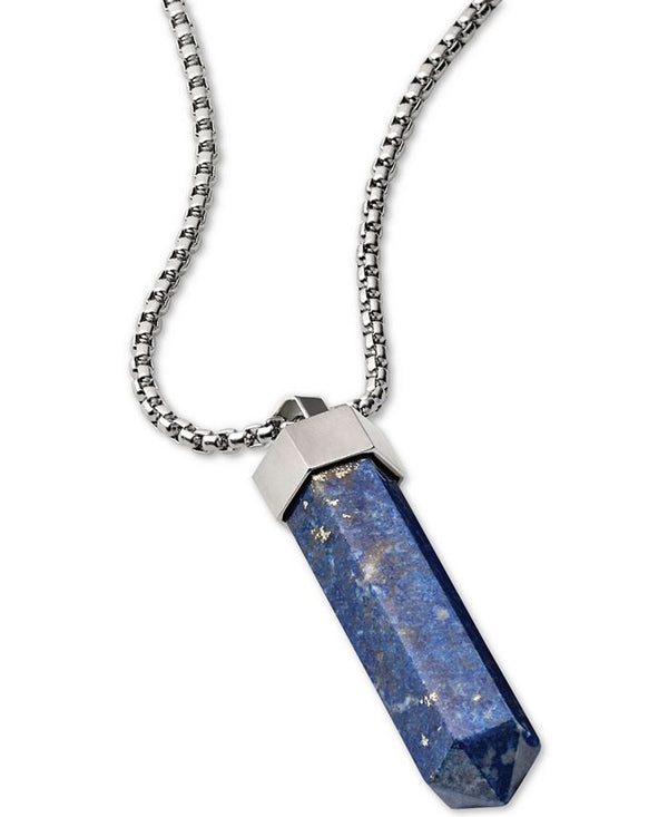 Bulova J96N006 Faceted Lapis Pendant Necklace in Stainless Steel; 26" + 2" Extender Men Jewelry - Lexor Miami