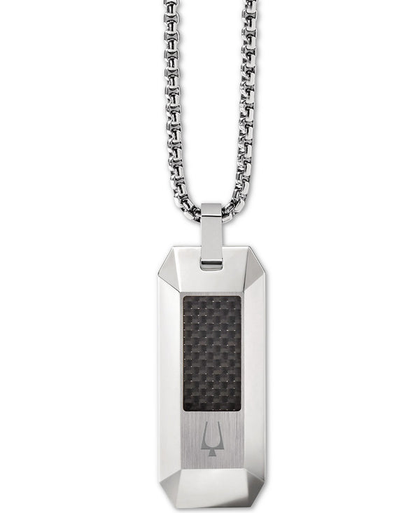 Bulova J96N001 Carbon Fiber Dog Tag Pendant Necklace in Stainless Steel, 26" + 2" Extender Men Jewelry - Lexor Miami