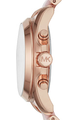Side view of the Michael Kors MK6830 from Michael Kors Watches, featuring a rose gold case, MK-engraved crown, two pushers, and part of the polished band—perfect for women seeking signature style.