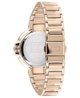 A close-up of the Tommy Hilfiger Watches 1782124 men’s watch highlights its rose gold-tone stainless steel link bracelet, engraved logo, and case back—an elegant multifunction timepiece with signature style.