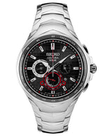 The Seiko SSG743 Solar Chronograph Coutura features a black dial with red accents, three subdials, date display, tachymeter bezel, and a stainless steel bracelet. Men’s 45.5mm watch from Seiko Watches, available at Lexor Miami.