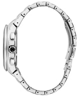 Profile view of the Seiko Watches SSG743 Solar Chronograph Coutura 45.5mm Men's Watch, featuring a stainless steel bracelet and round case with visible side buttons and crown, against a white background.
