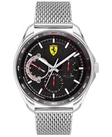 The Scuderia Ferrari 0830684 men's watch by Ferrari Watches features a stainless steel mesh bracelet, black dial with red and white accents, yellow logo at 12 o'clock, multiple subdials, and a modern speed racer design.
