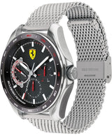 The Scuderia Ferrari 0830684 men’s watch by Ferrari Watches features a silver stainless steel mesh bracelet, black dial with red and white accents, multiple subdials, and the iconic yellow Ferrari logo at the top.