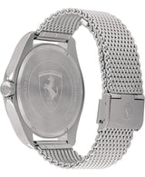 The Scuderia Ferrari 0830684 men's watch by Ferrari Watches features a stainless steel mesh bracelet, engraved shield logo and text on the back case, and a clasp marked with the Ferrari emblem.