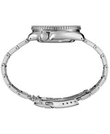 Side view of the Seiko Watches SRPD51 Automatic 5 Sports 42.5mm Men’s Watch from Lexor Miami, featuring a stainless steel bracelet, slim profile, textured bezel, and detailed clasp; the watch face is not shown.