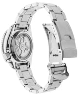 The Seiko SRPD51 Automatic 5 Sports Men’s Watch by Seiko Watches features a 42.5mm stainless steel bracelet, shown from the back to highlight its transparent case back and visible movement with the clasp open. Available at Lexor Miami.