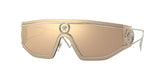 Versace VE2226 12527P 45 unisex sunglasses feature a gold shield style, geometric design, reflective lenses, silver trim, and Medusa head emblems on the bridge and temples. From Versace Sunglasses.